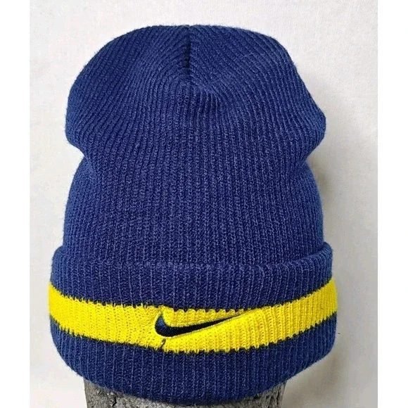 Vintage Nike 90s University Of Michigan Blue Yellow Beanie OSFM Adult Hat Cap